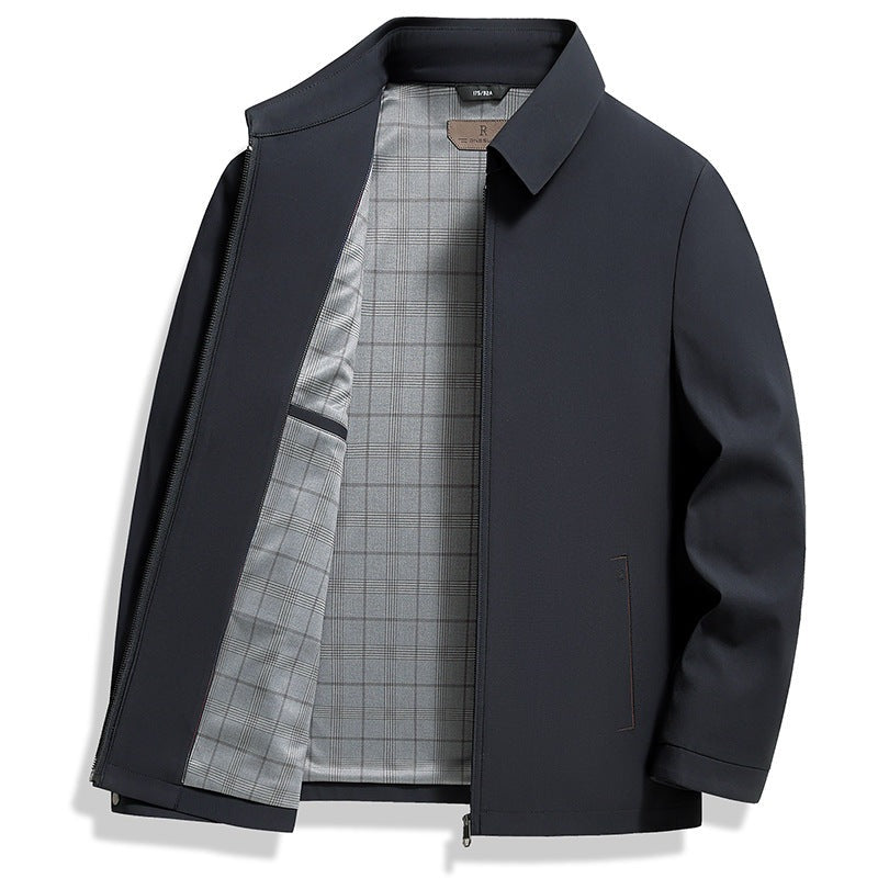 Men's smart zip jacket with a shirt collar and check lining - navy