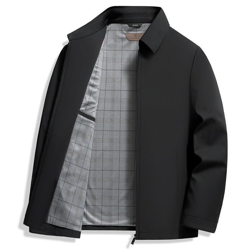 Men's smart zip jacket with a shirt collar and check lining - black