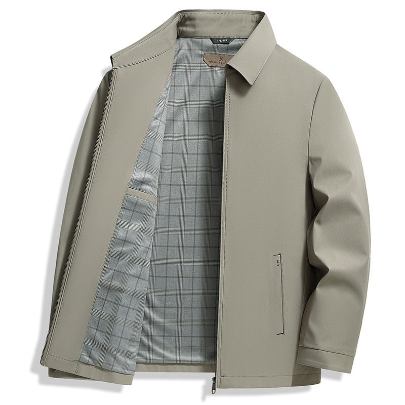 Men's smart zip jacket with a shirt collar and check lining - khaki