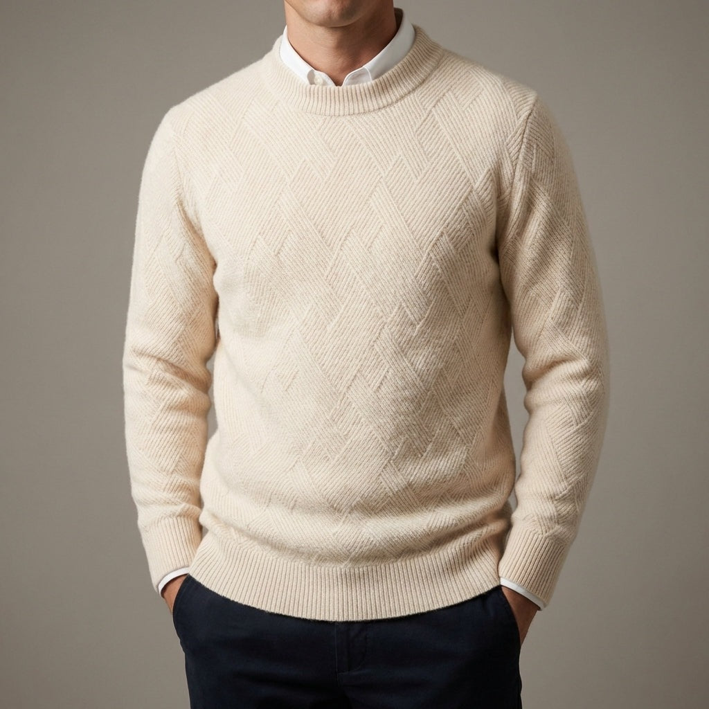 Men's soft crew neck jumper with a tone-on-tone jacquard diamond pattern - view 2