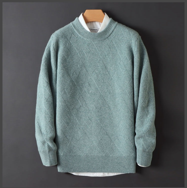 Men's soft crew neck jumper with a tone-on-tone jacquard diamond pattern - sage green