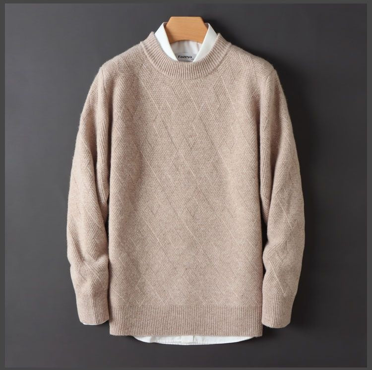 Men's soft crew neck jumper with a tone-on-tone jacquard diamond pattern - camel