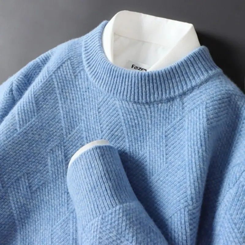 Men's soft crew neck jumper with a tone-on-tone jacquard diamond pattern - light blue