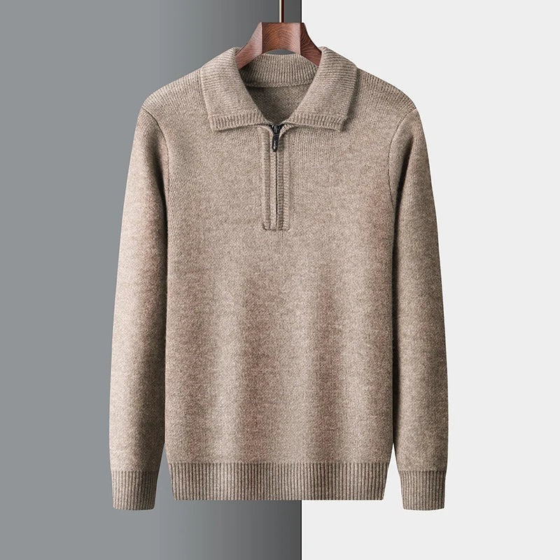 Men's soft knit jumper with a flat polo collar and short zip - taupe