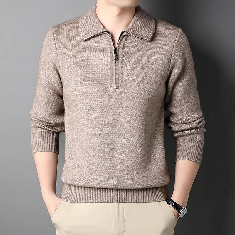 Men's soft knit jumper with a flat polo collar and short zip - view 2