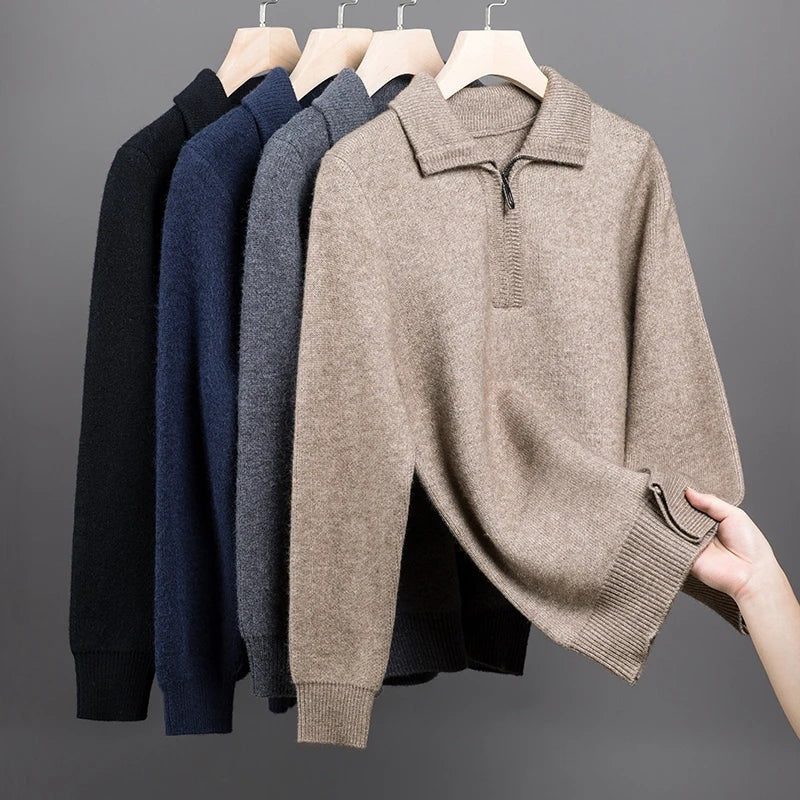 Men's soft knit jumper with a flat polo collar and short zip - view 4