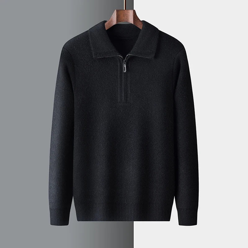 Men's soft knit jumper with a flat polo collar and short zip - black