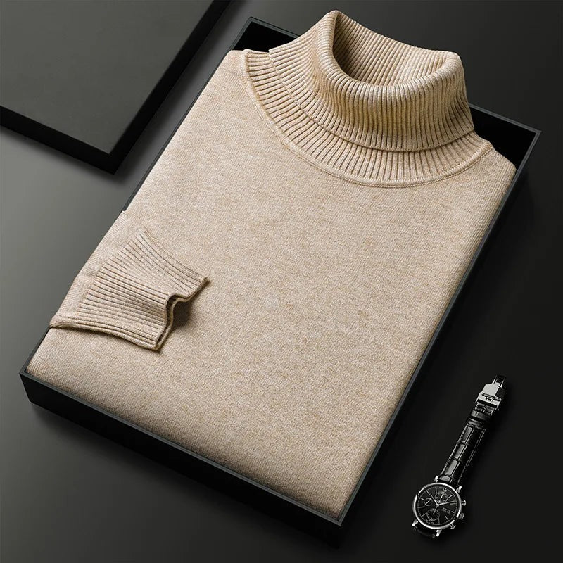 Men's soft roll neck jumper in a fine knit with a ribbed collar - beige