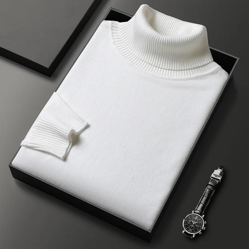 Men's soft roll neck jumper in a fine knit with a ribbed collar - off-white