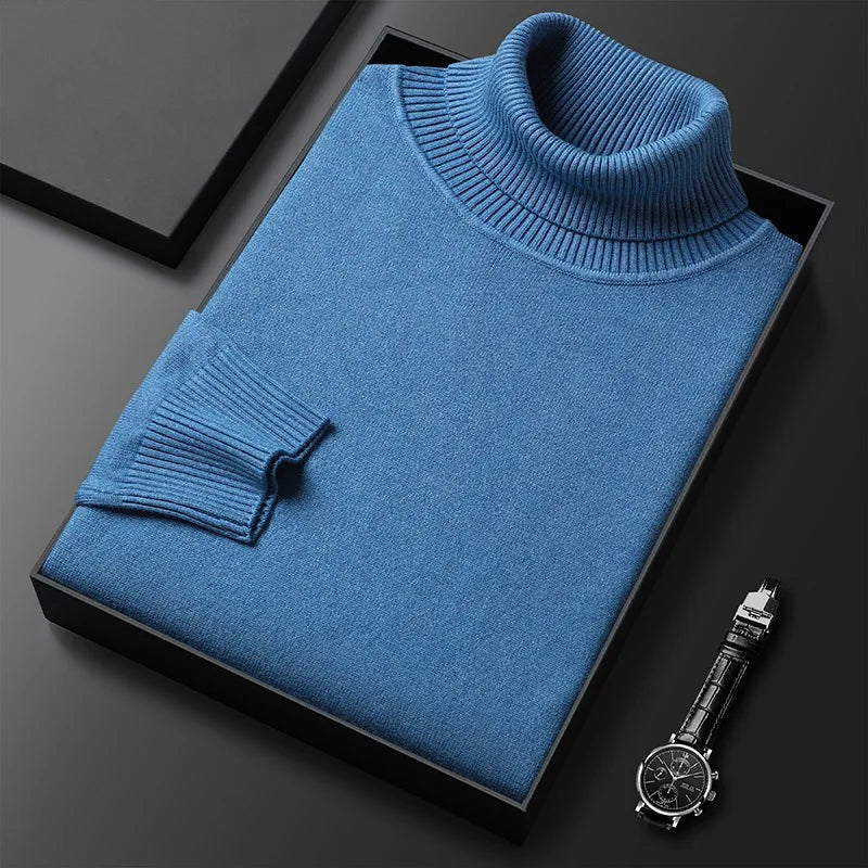 Men's soft roll neck jumper in a fine knit with a ribbed collar - mid blue