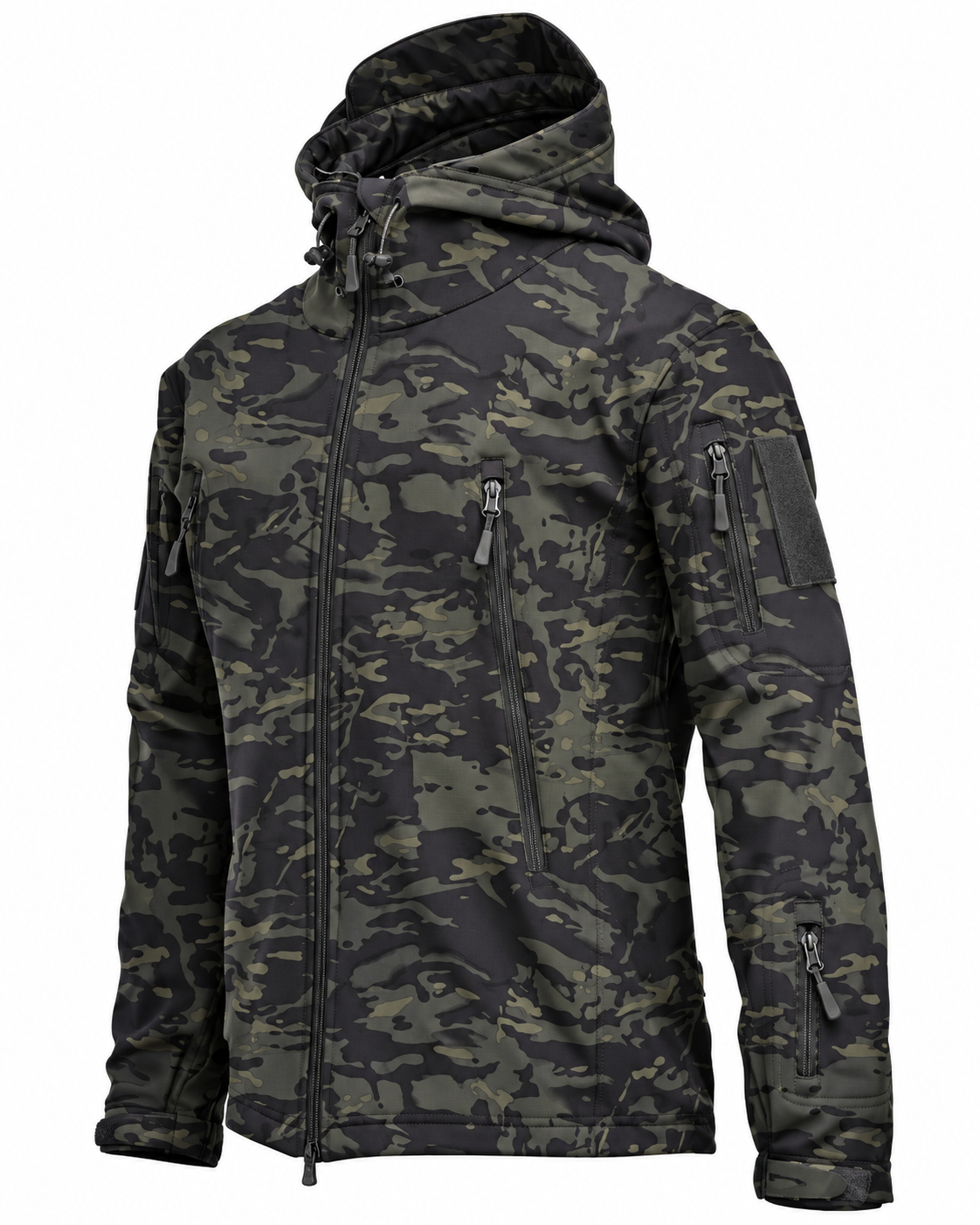 Men's softshell jacket with a hood, fleece lining and zip pockets - grey camo
