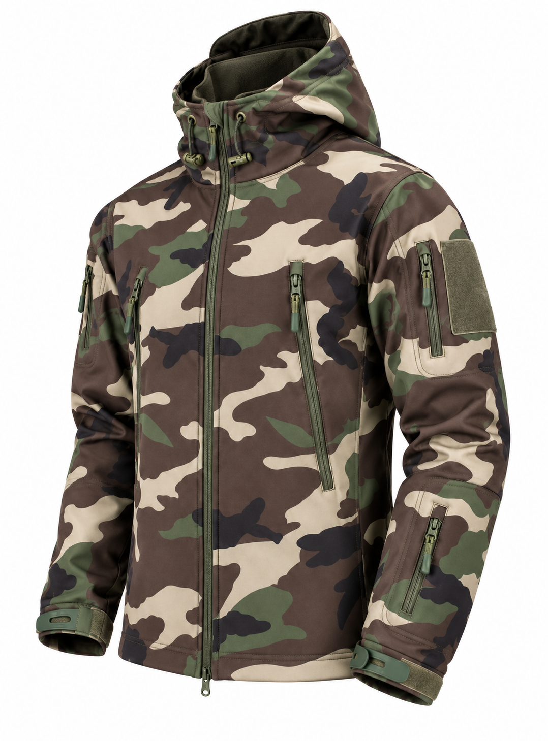 Men's softshell jacket with a hood, fleece lining and zip pockets - green camo