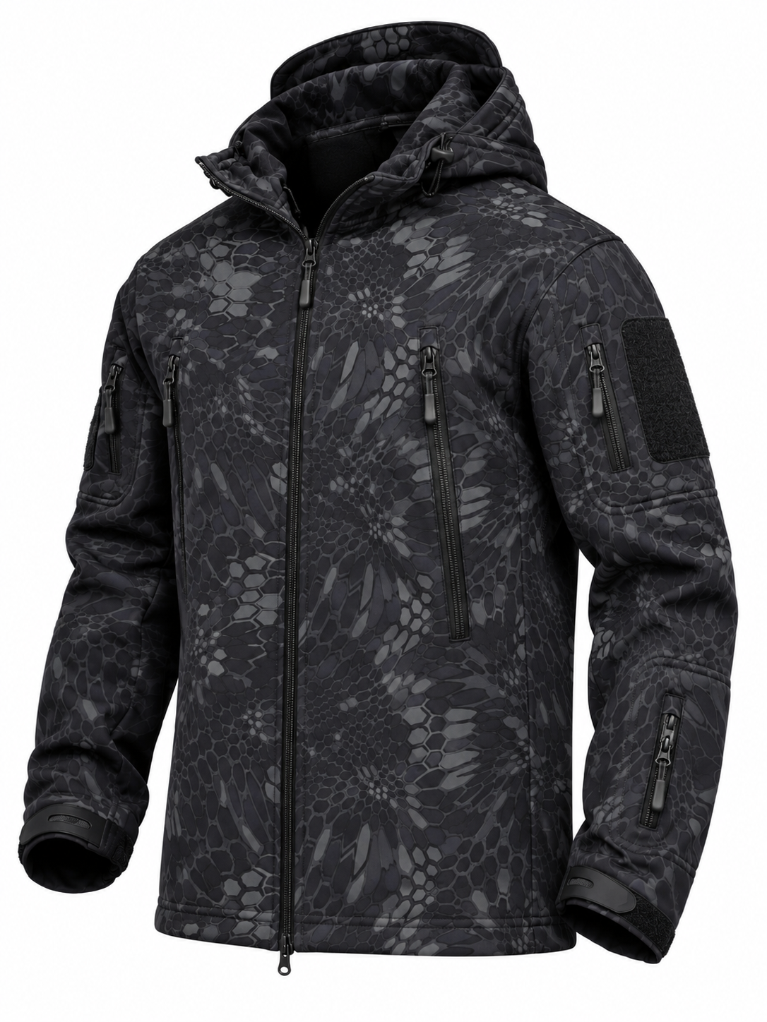 Men's softshell jacket with a hood, fleece lining and zip pockets - python print