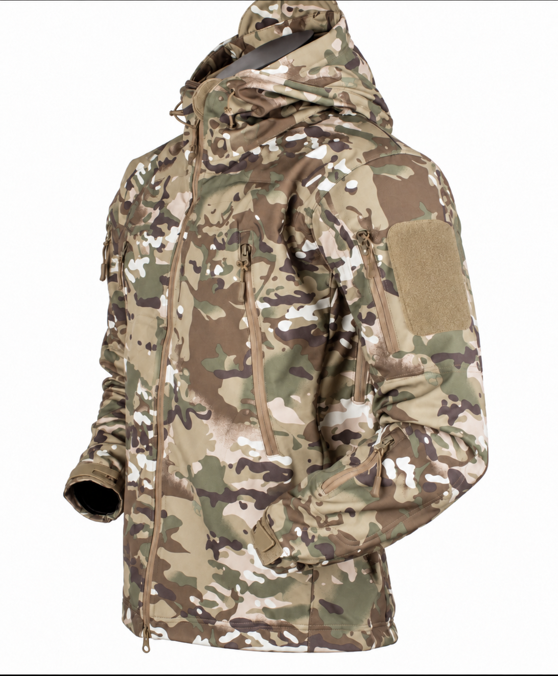 Men's softshell jacket with a hood, fleece lining and zip pockets - beige camo