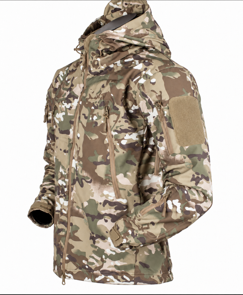Men's softshell jacket with a hood, fleece lining and zip pockets - beige camo