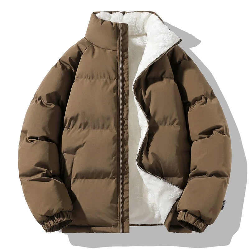 Men's puffer jacket with a fleece lining and stand collar - brown