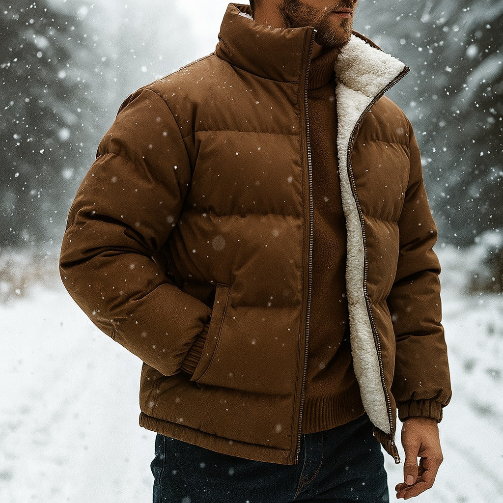 Men's puffer jacket with a fleece lining and stand collar - view 2