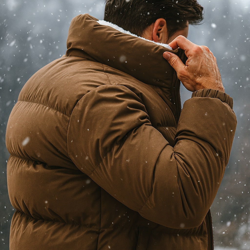 Men's puffer jacket with a fleece lining and stand collar - view 3