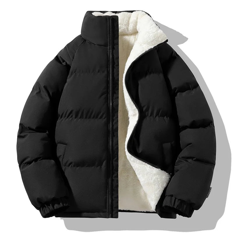 Men's puffer jacket with a fleece lining and stand collar - black