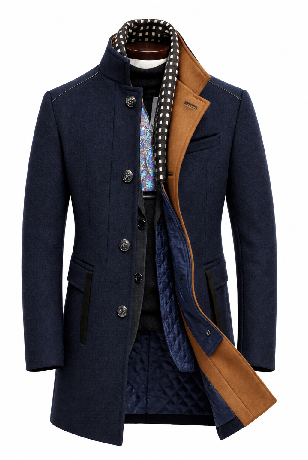 Men's stand collar coat in a wool blend with a knitted neck insert - navy