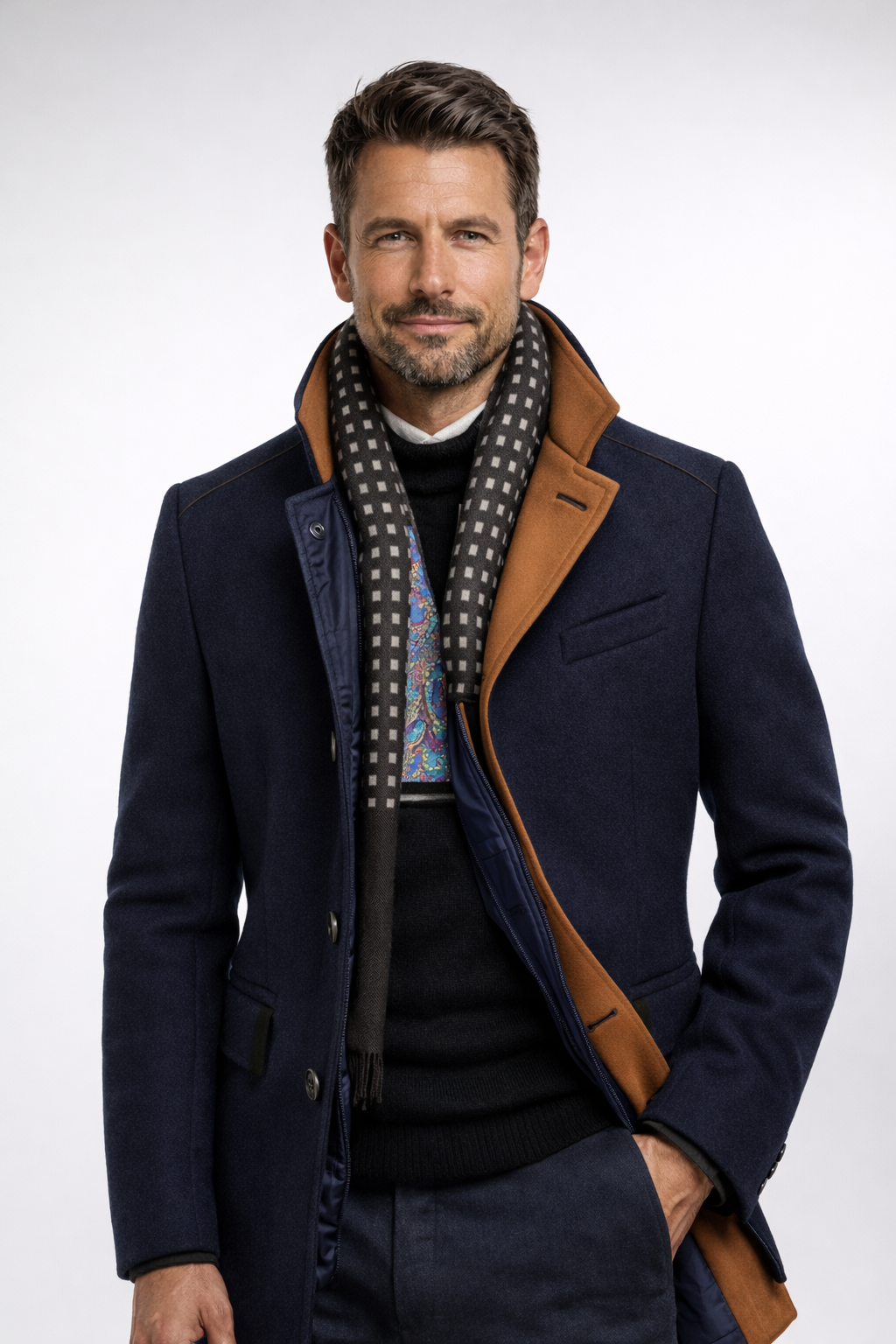 Men's stand collar coat in a wool blend with a knitted neck insert