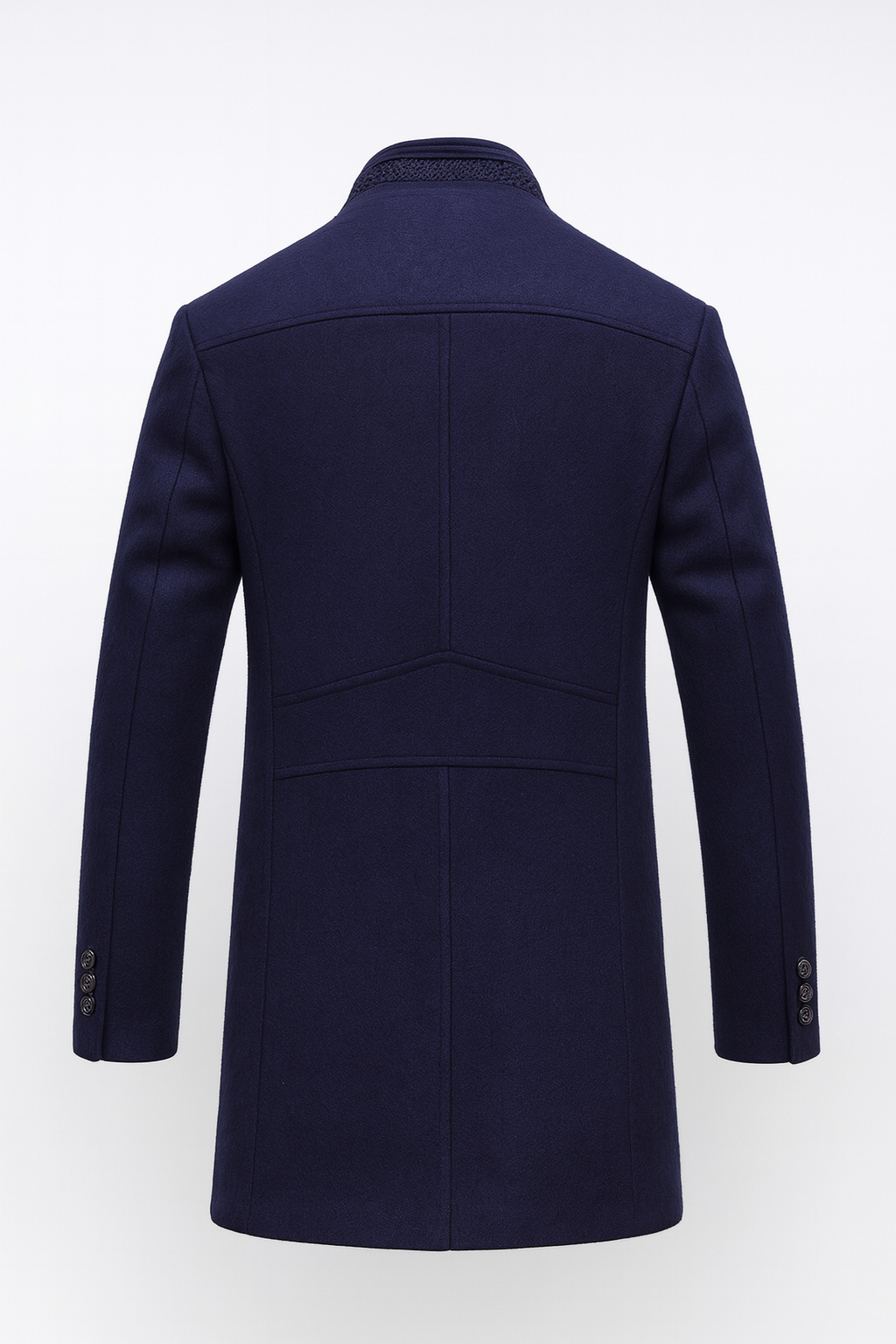 Men's stand collar coat in a wool blend with a knitted neck insert