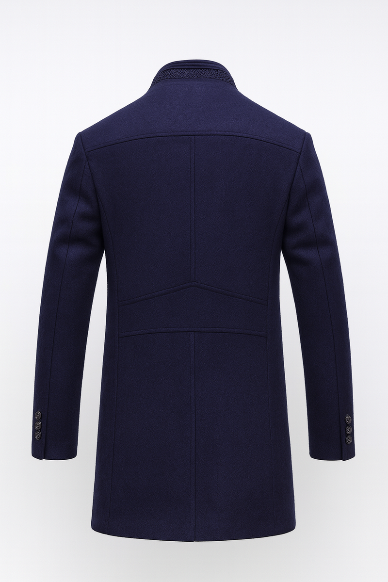 Men's stand collar coat in a wool blend with a knitted neck insert