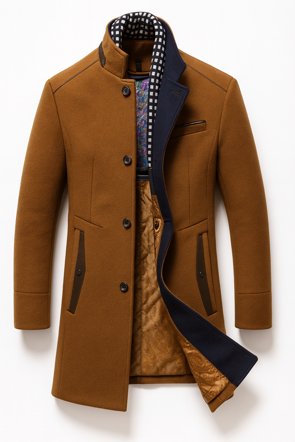 Men's stand collar coat in a wool blend with a knitted neck insert - camel