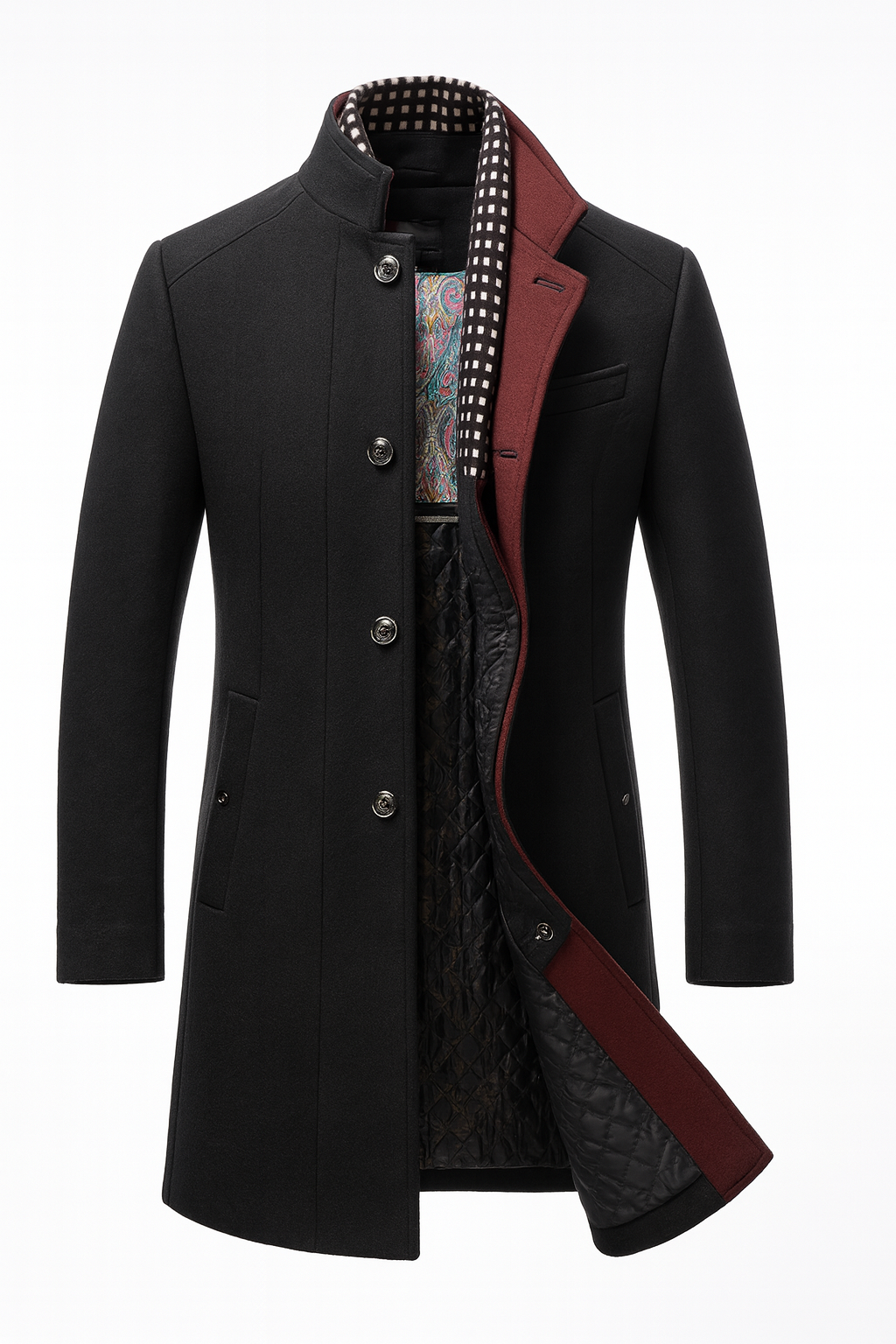 Men's stand collar coat in a wool blend with a knitted neck insert - black