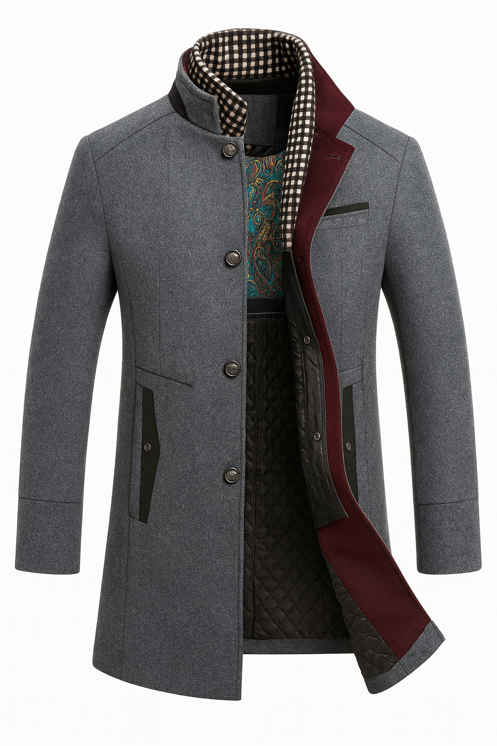 Men's stand collar coat in a wool blend with a knitted neck insert - grey