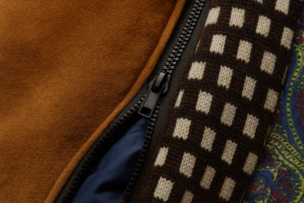 Men's stand collar coat in a wool blend with a knitted neck insert