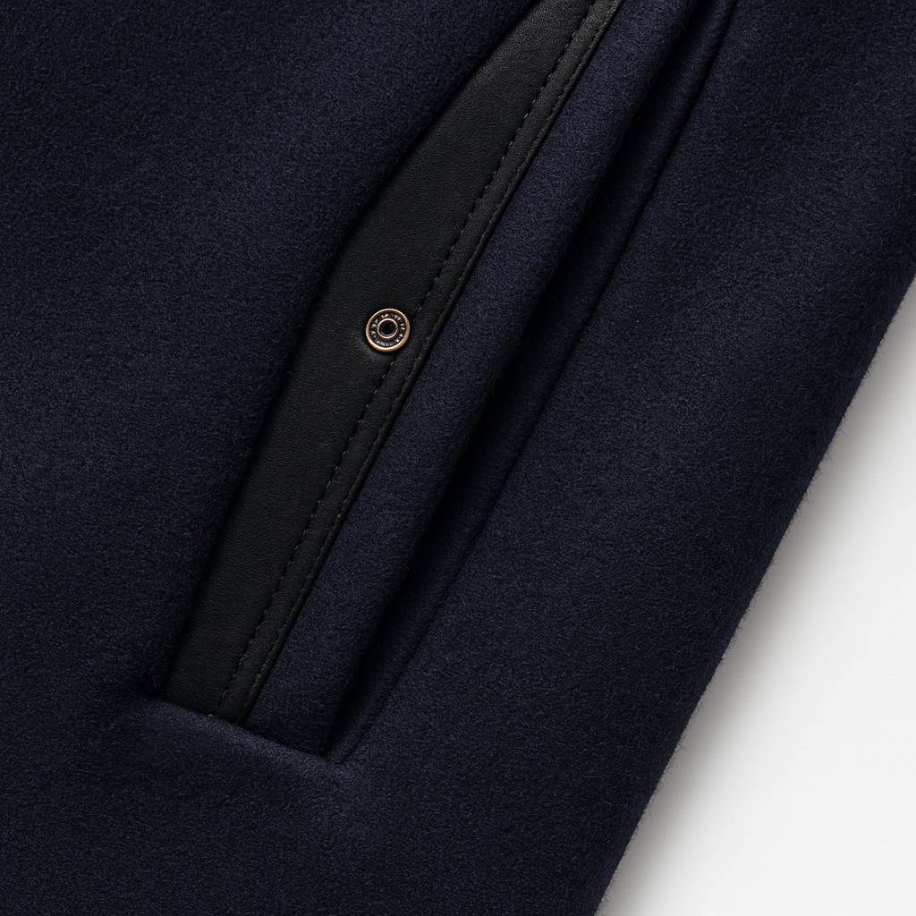 Men's stand collar coat in a wool blend with a knitted neck insert