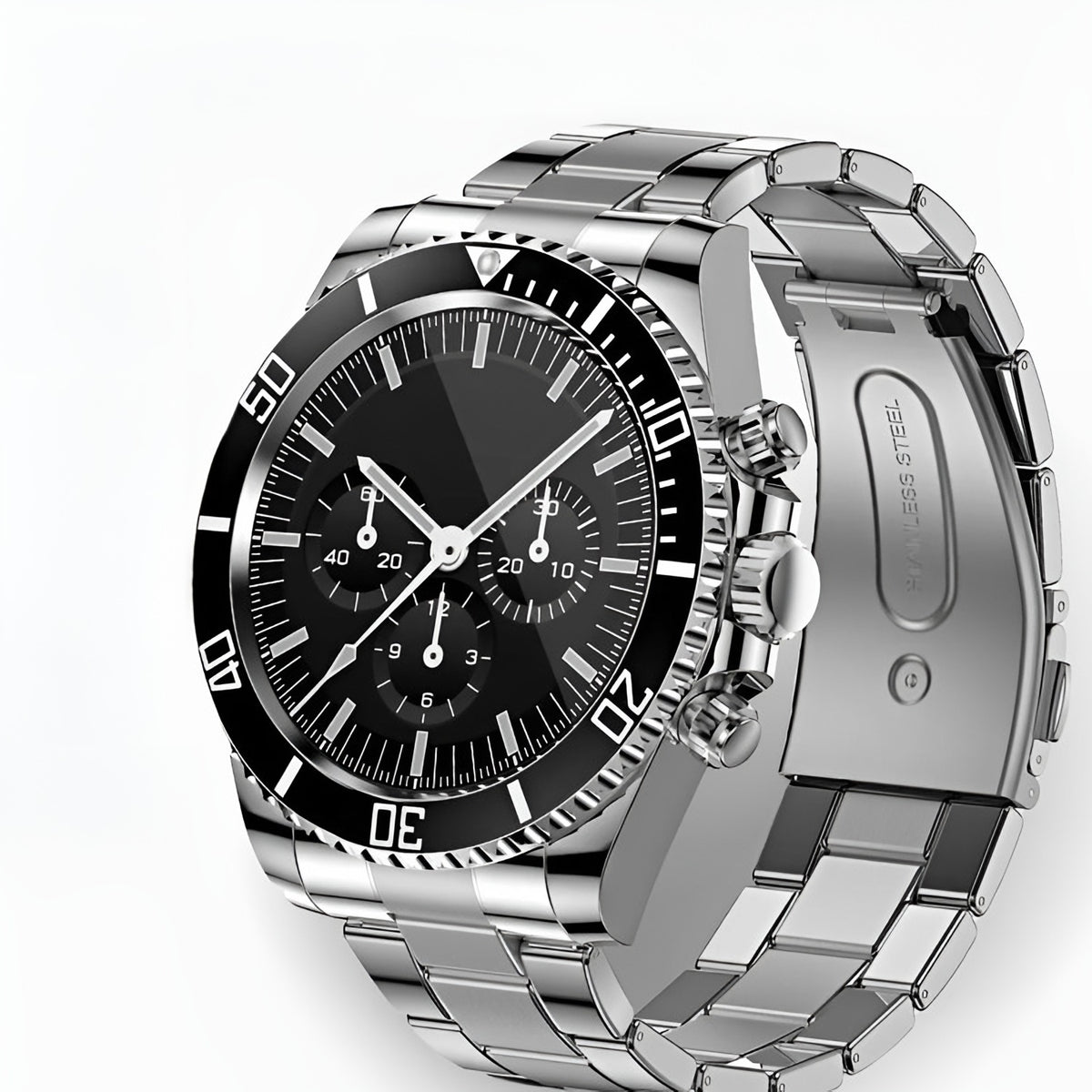 Men's steel smartwatch with a black dial and link bracelet
