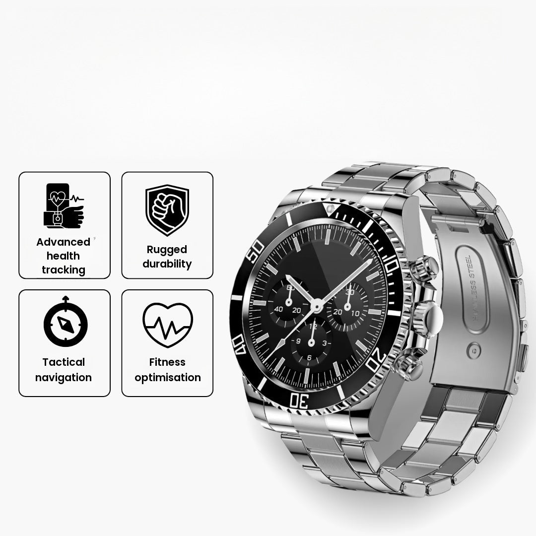 Men's steel smartwatch with its four main features
