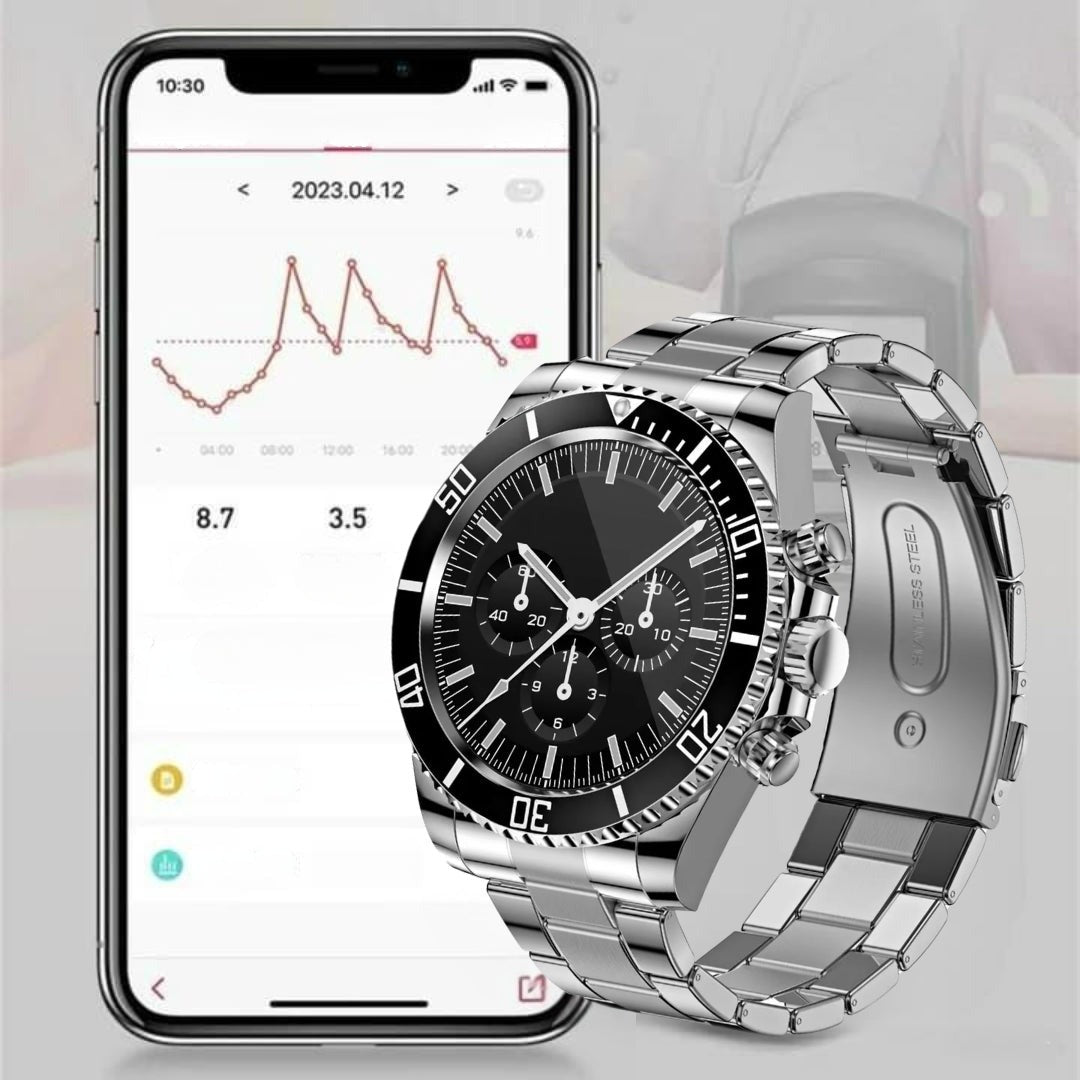 Men's steel smartwatch next to a phone showing the health chart