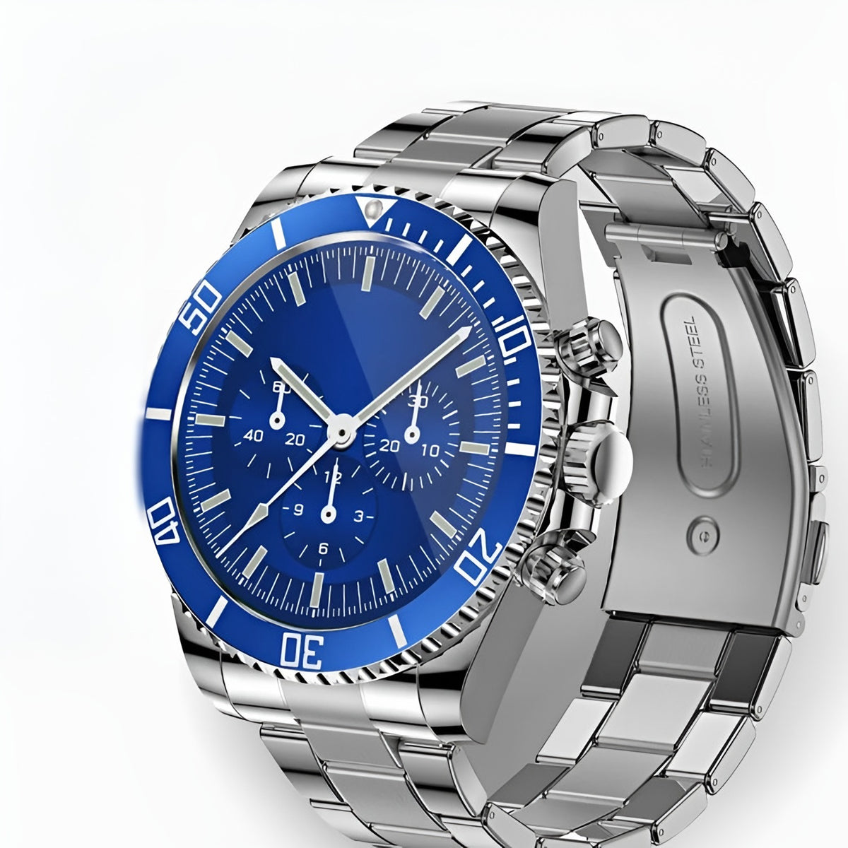 Men's steel smartwatch with a blue dial