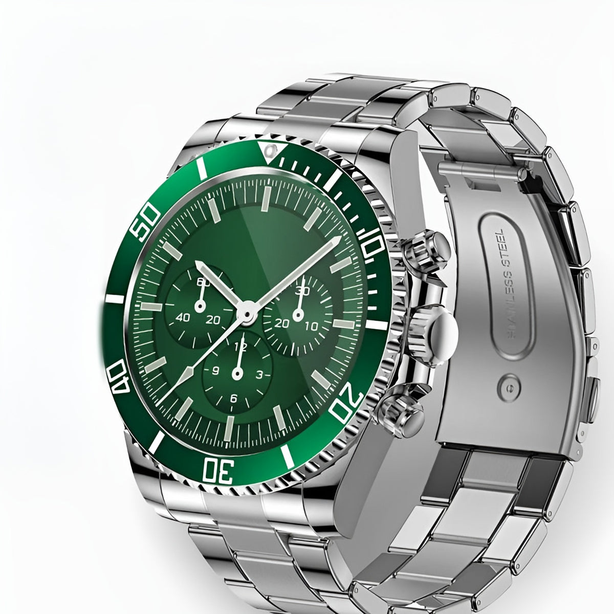 Men's steel smartwatch with a green dial