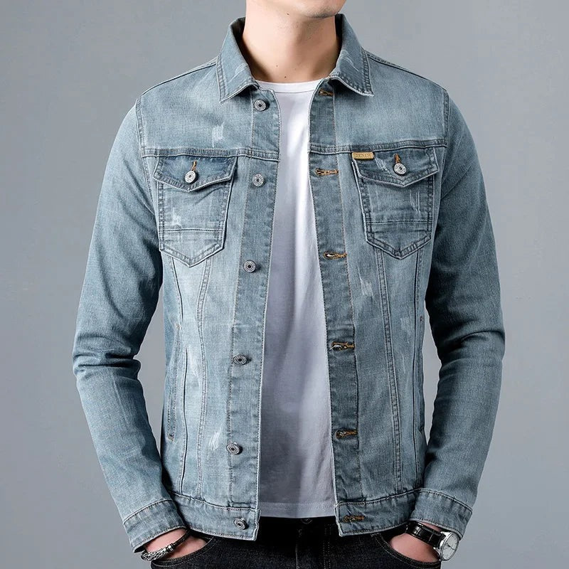 Men's stretch denim jacket with two flap chest pockets - grey blue