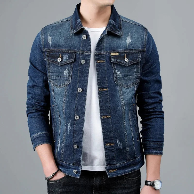 Men's stretch denim jacket with two flap chest pockets - dark blue