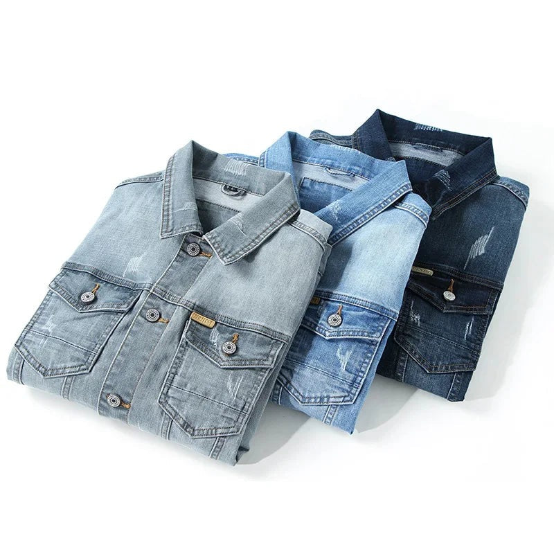 Men's stretch denim jacket with two flap chest pockets - view 8