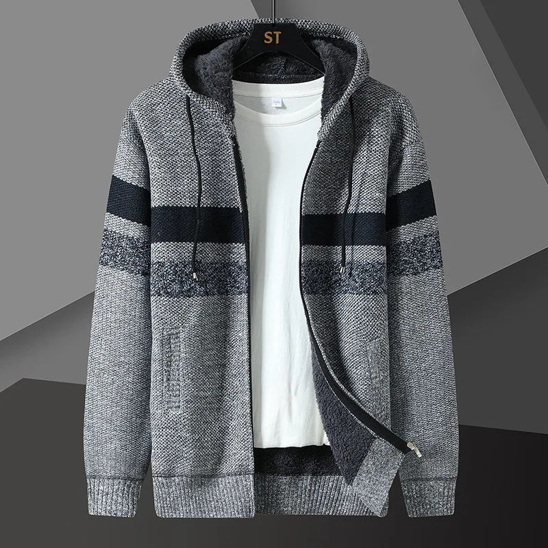 Men's striped knit hooded cardigan with a zip and fleece lining - light grey