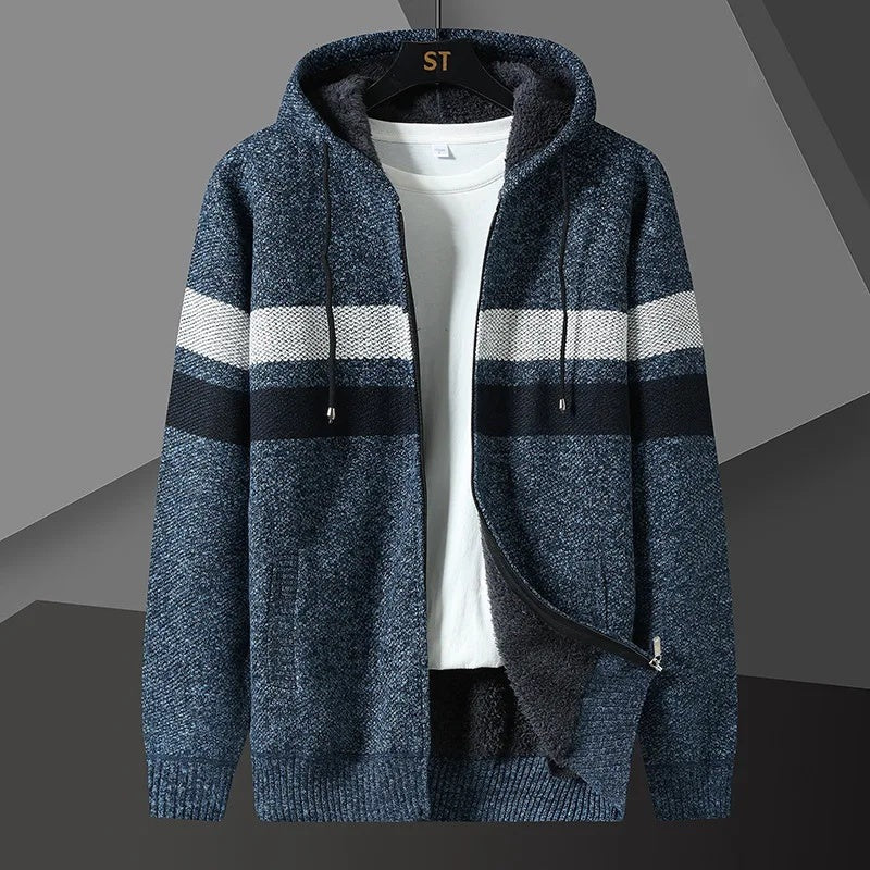 Men's striped knit hooded cardigan with a zip and fleece lining - blue