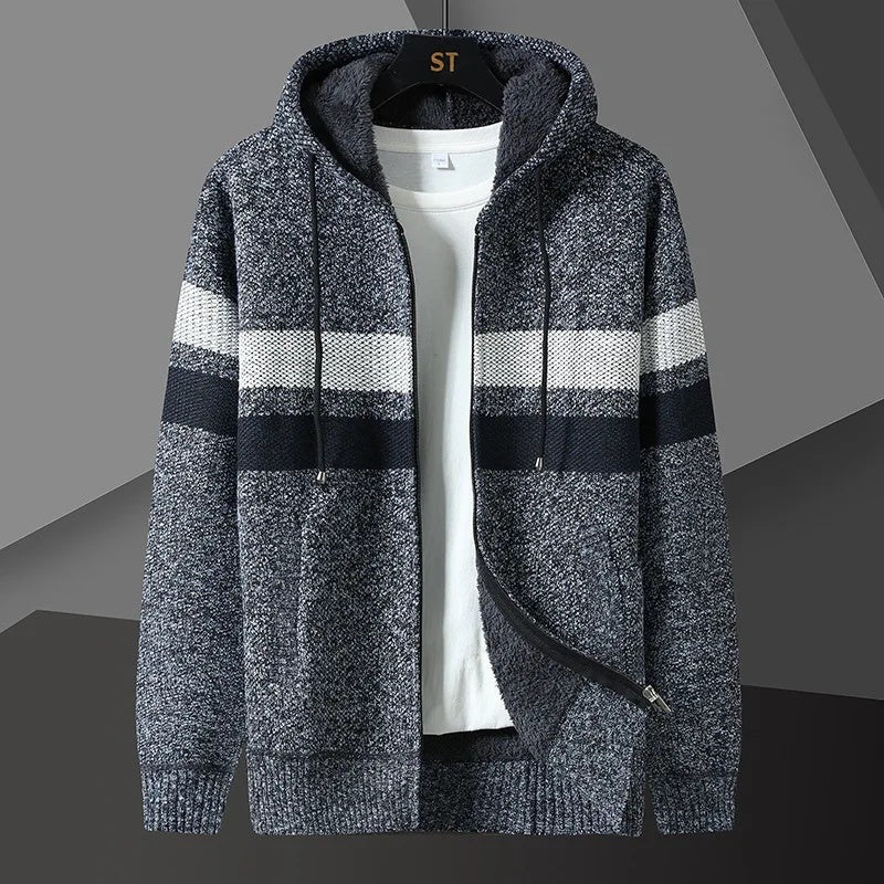 Men's striped knit hooded cardigan with a zip and fleece lining - dark grey