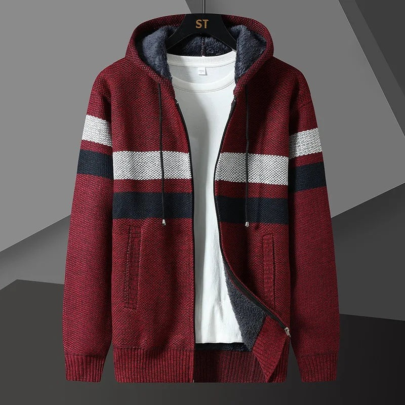 Men's striped knit hooded cardigan with a zip and fleece lining - burgundy