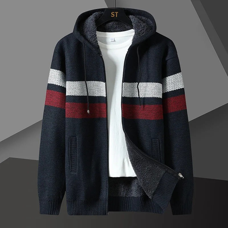 Men's striped knit hooded cardigan with a zip and fleece lining - navy