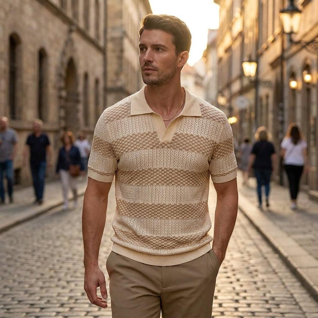 Men's knitted polo with wide stripes and an open collar - view 10