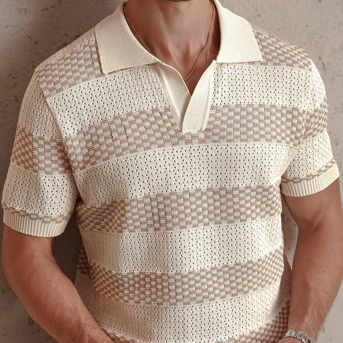 Men's knitted polo with wide stripes and an open collar - view 2