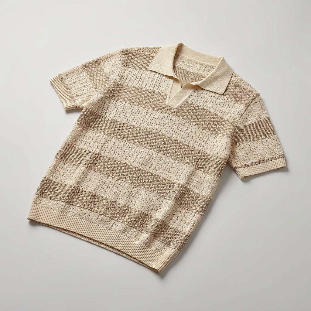 Men's knitted polo with wide stripes and an open collar - view 3