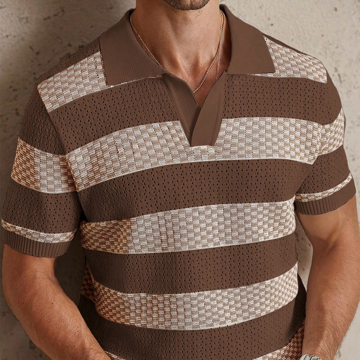 Men's knitted polo with wide stripes and an open collar - view 5