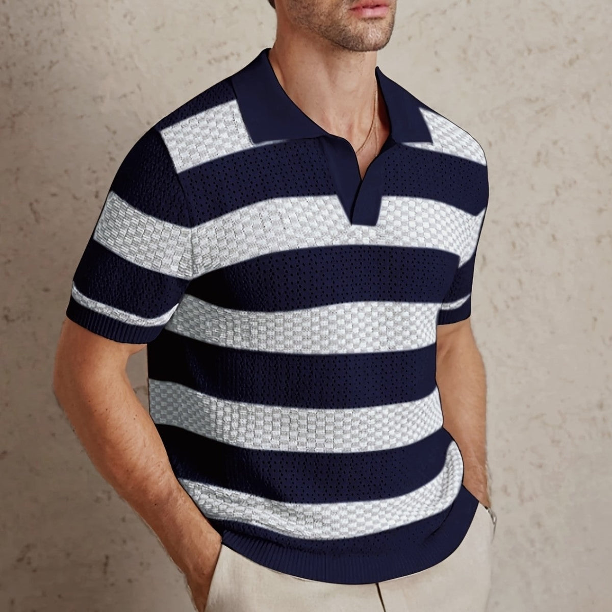 Men's knitted polo with wide stripes and an open collar - navy